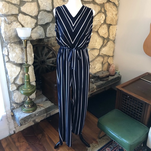 SOLD Chico’s Collection Blue & White Vertical Stripe Belted Jumpsuit Sleeveless - Picture 6 of 14